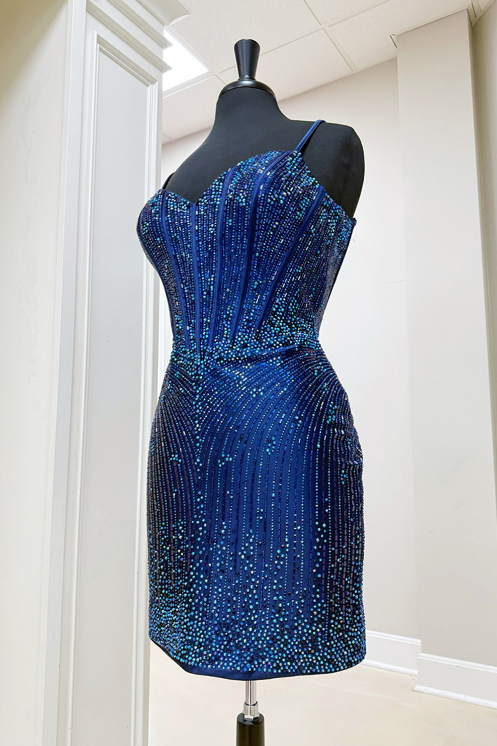 Sparkly Navy Tight Short Corset Homecoming Dress with Beading