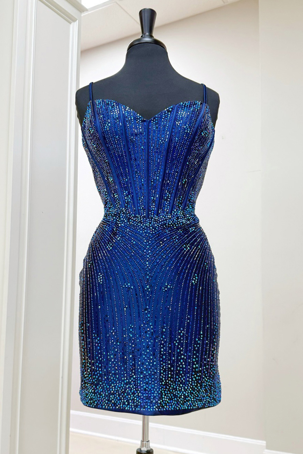 Sparkly Navy Tight Beaded Short Corset Homecoming Dress