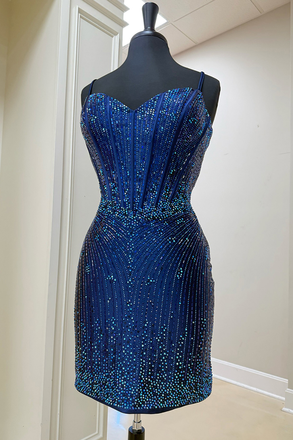 Sparkly Navy Tight Short Corset Homecoming Dress with Beading