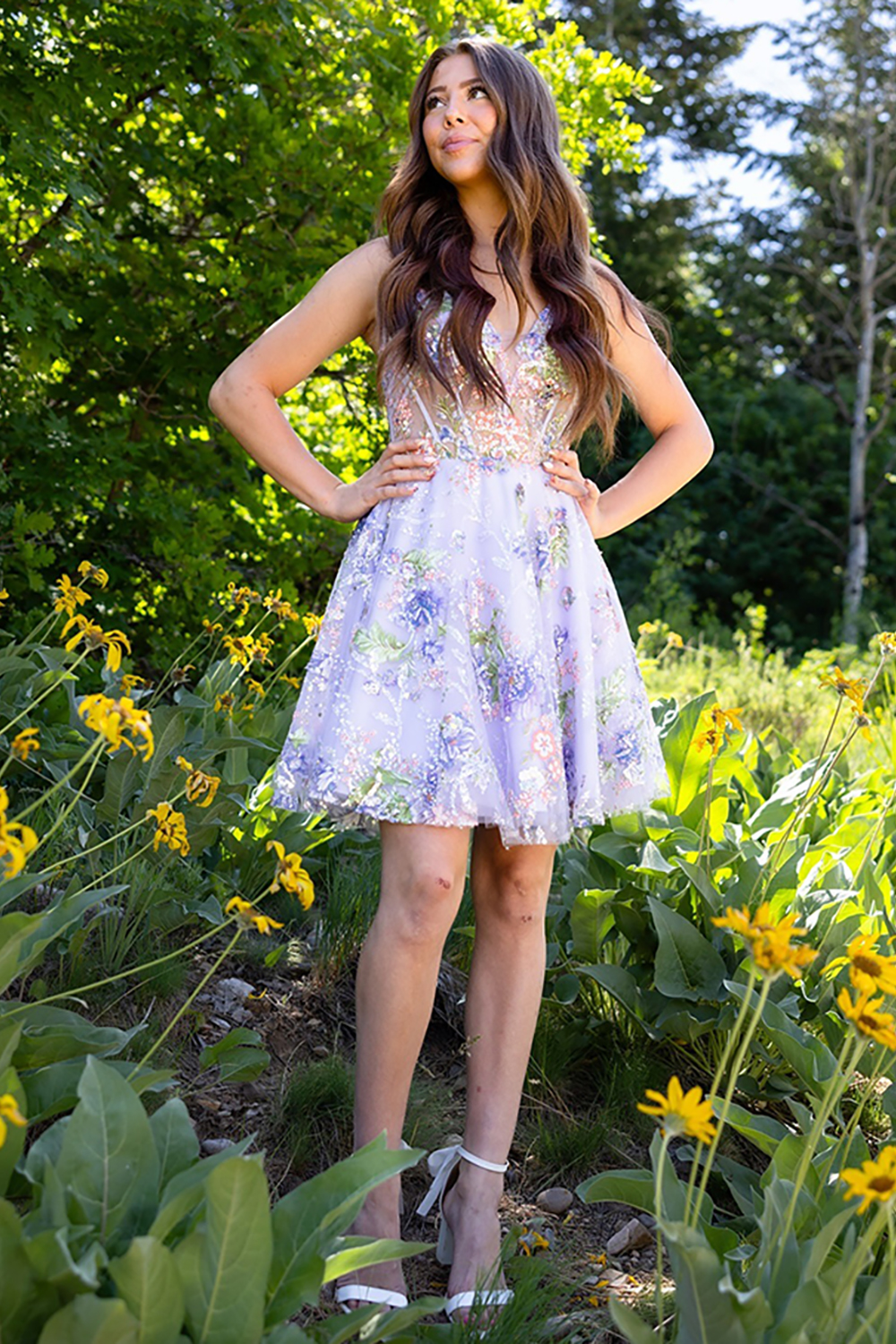 Lilac A Line Floral Spaghetti Straps Short Corset Homecoming Dress