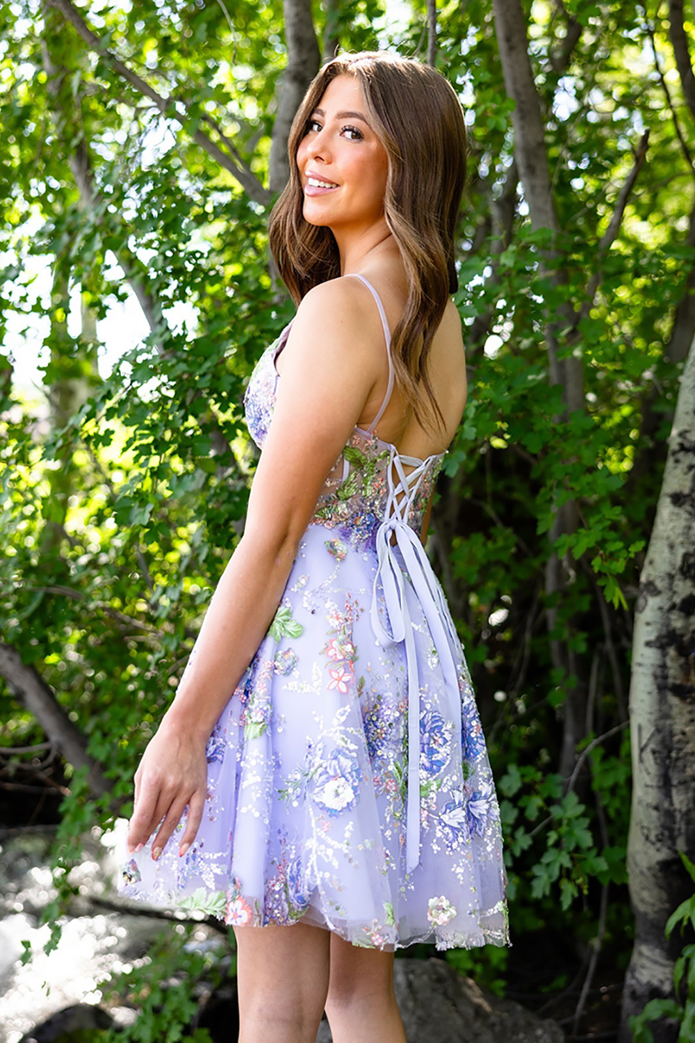 Lilac A Line Floral Spaghetti Straps Short Corset Homecoming Dress