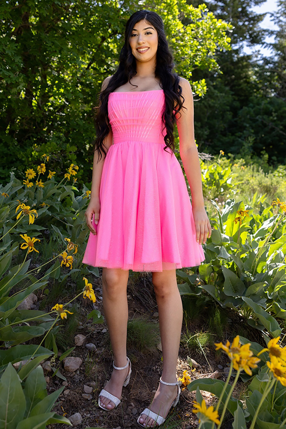 Glitter Fuchsia A Line Tulle Short Corset Homecoming Dress