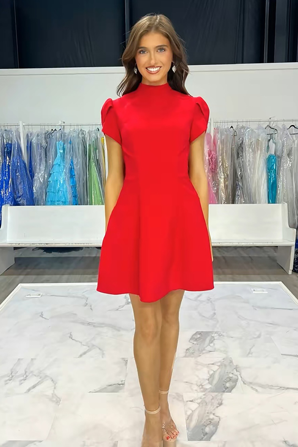 Red A Line High Neck Short Homecoming Dress with Bow