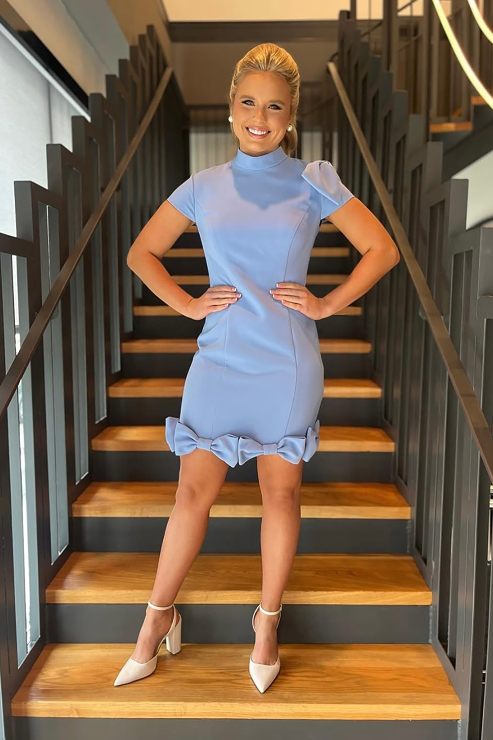 Light Blue Tight Satin High Neck Short Homecoming Dress with Bows