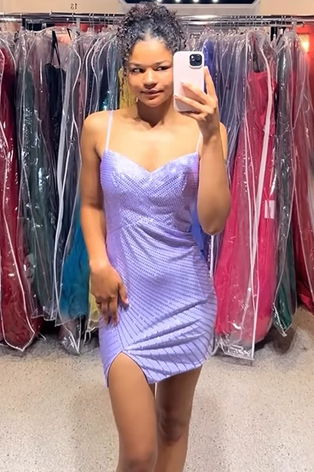 Sparkly Lavender Tight Beaded Short Homecoming Dress with Slit