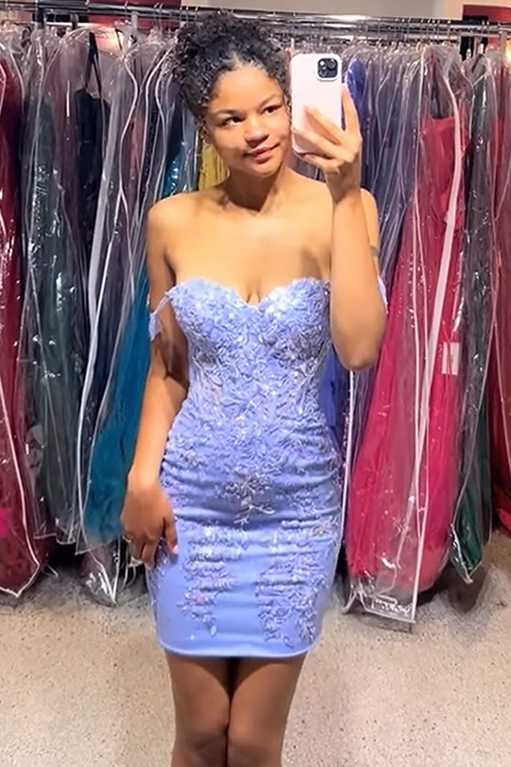 Lavender Floral Off the Shoulder Short Corset Homecoming Dress with Lace