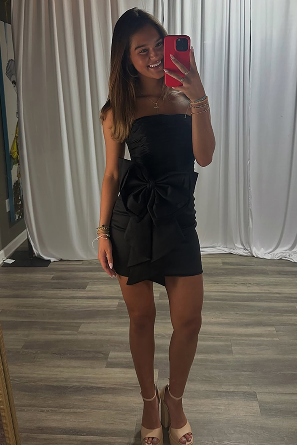 Black Tight Strapless Short Homecoming Dress with Bow
