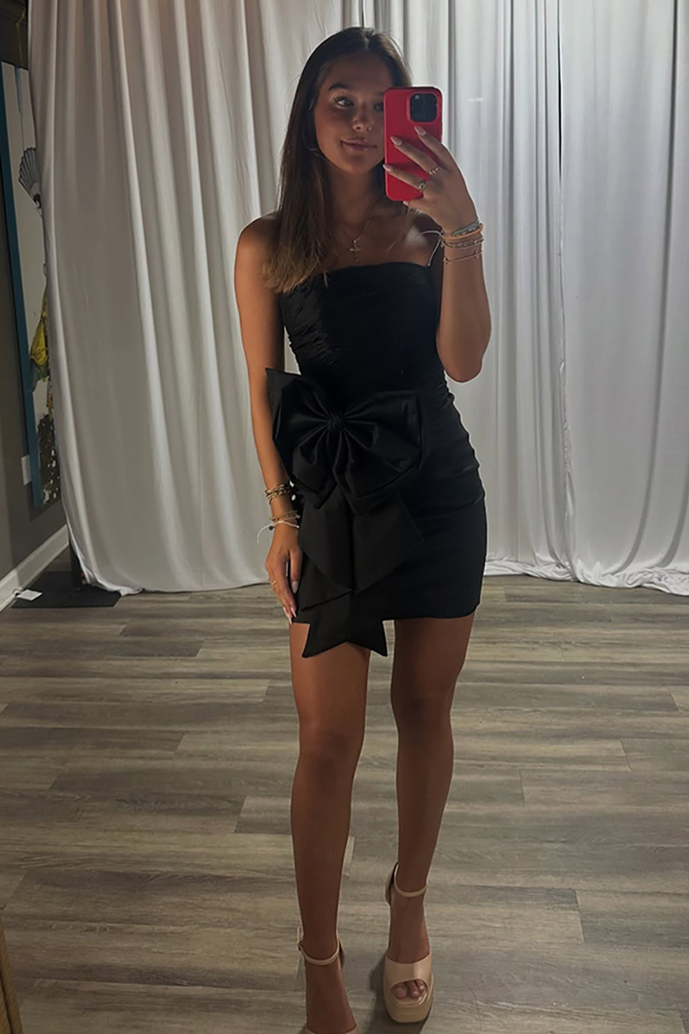 Black Tight Strapless Short Homecoming Dress with Bow