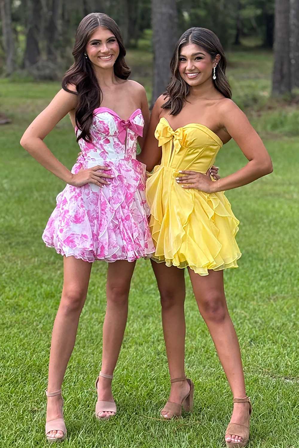 Pink Floral A Line Short Corset Homecoming Dress with Bow