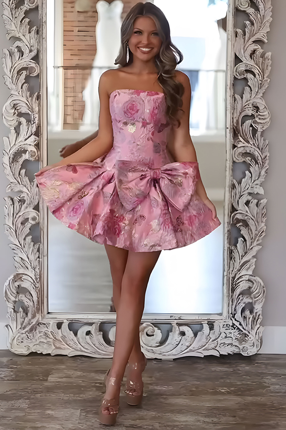 Grey Blue A Line Floral Strapless Short Homecoming Dress with Bow