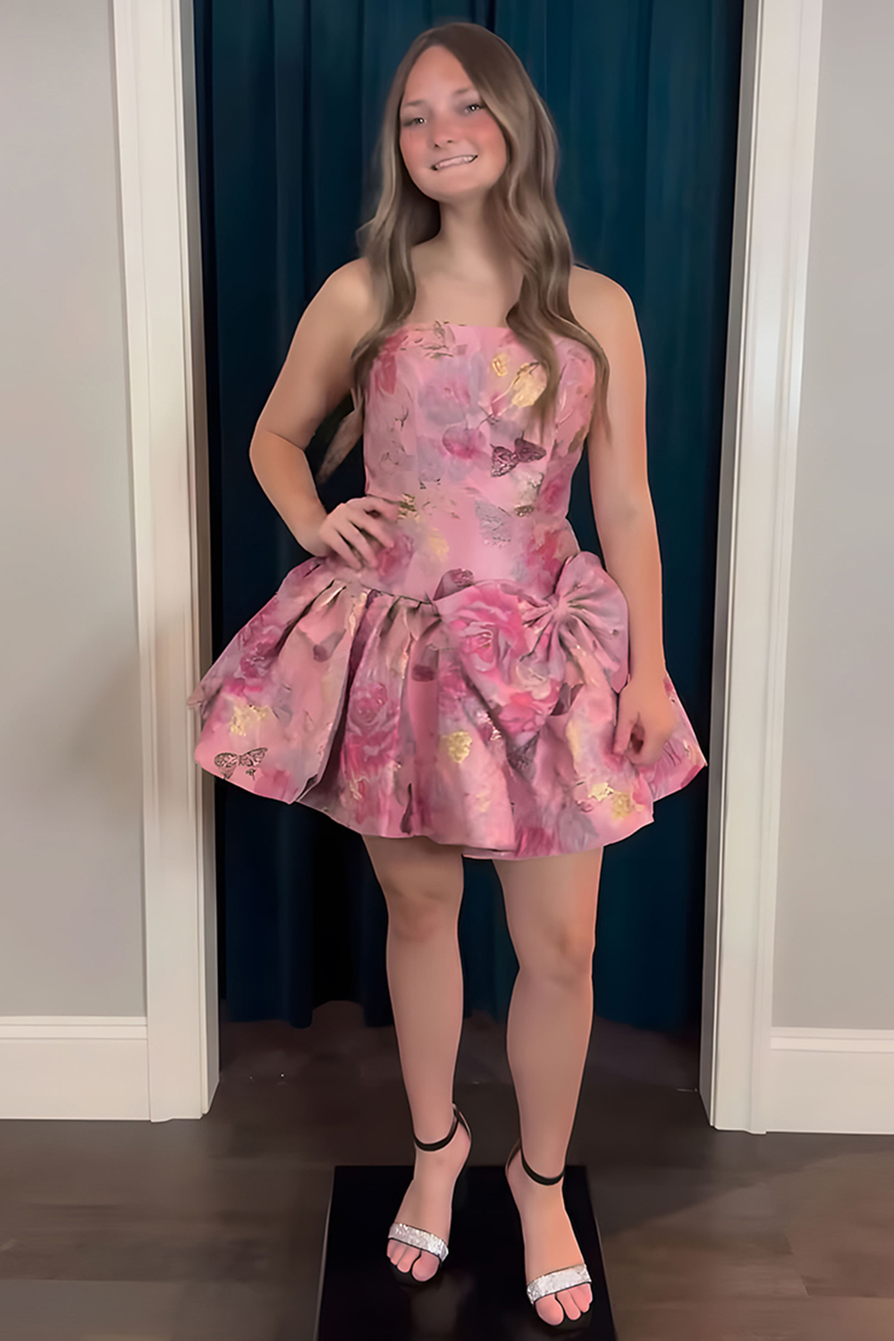 Grey Blue A Line Floral Strapless Short Homecoming Dress with Bow