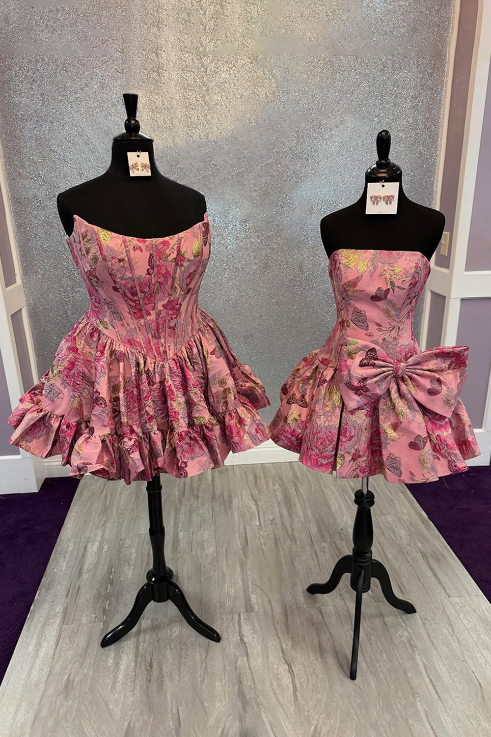 Grey Blue A Line Floral Strapless Short Homecoming Dress with Bow