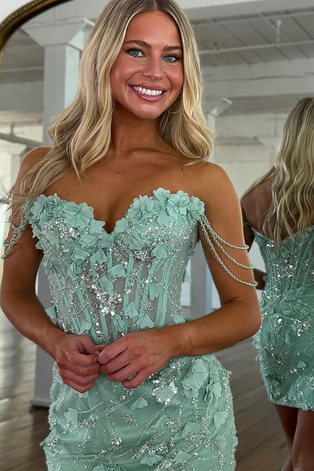 Sparkly Light Green Beaded Floral Tight Short Corset Homecoming Dress