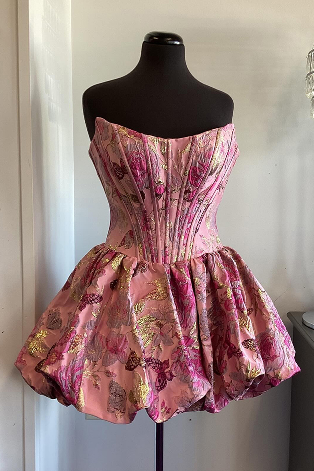 Fuchsia Floral A Line Strapless Short Corset Homecoming Dress