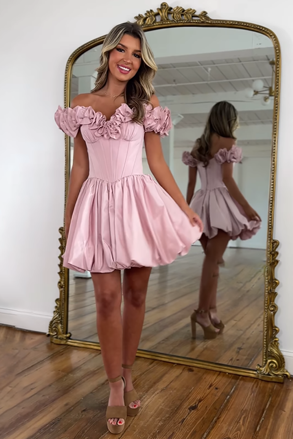 Pink Off The Shoulder Ruffled Short Corset Homecoming Dress