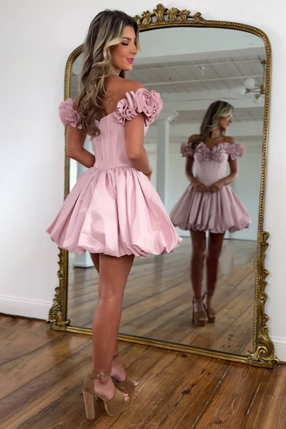 Pink Off The Shoulder Ruffled Short Corset Homecoming Dress