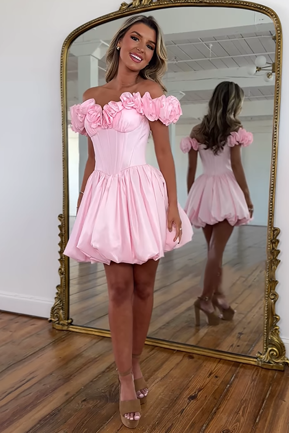 Pink Off The Shoulder Ruffled Short Corset Homecoming Dress