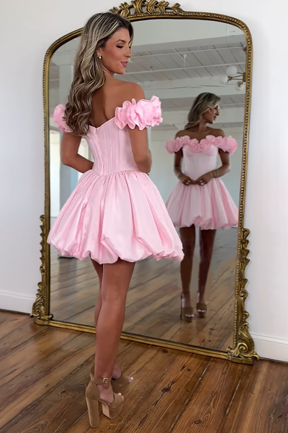 Pink Off The Shoulder Ruffled Short Corset Homecoming Dress