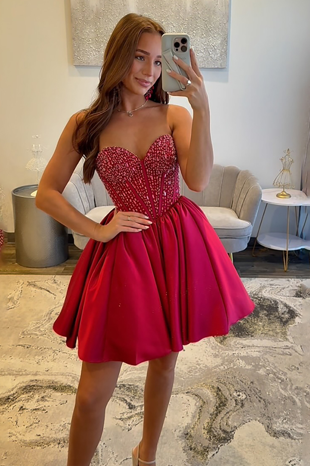 Sparkly Red Sweetheart Short Corset Homecoming Dress with Beading