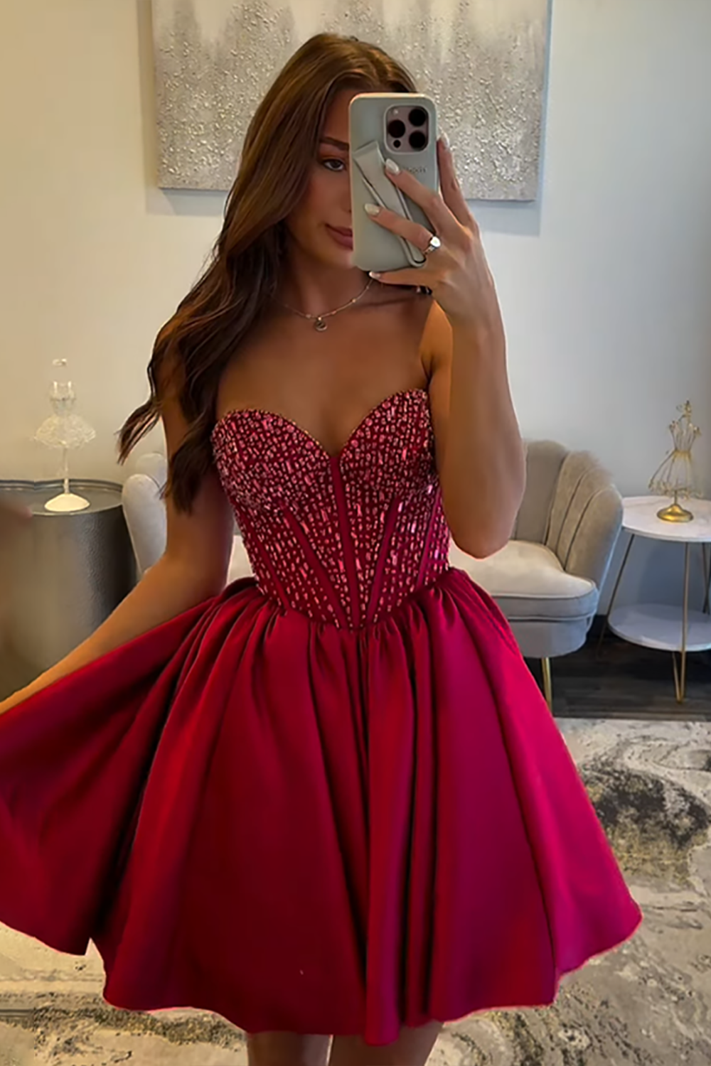 Sparkly Red Sweetheart Short Corset Homecoming Dress with Beading