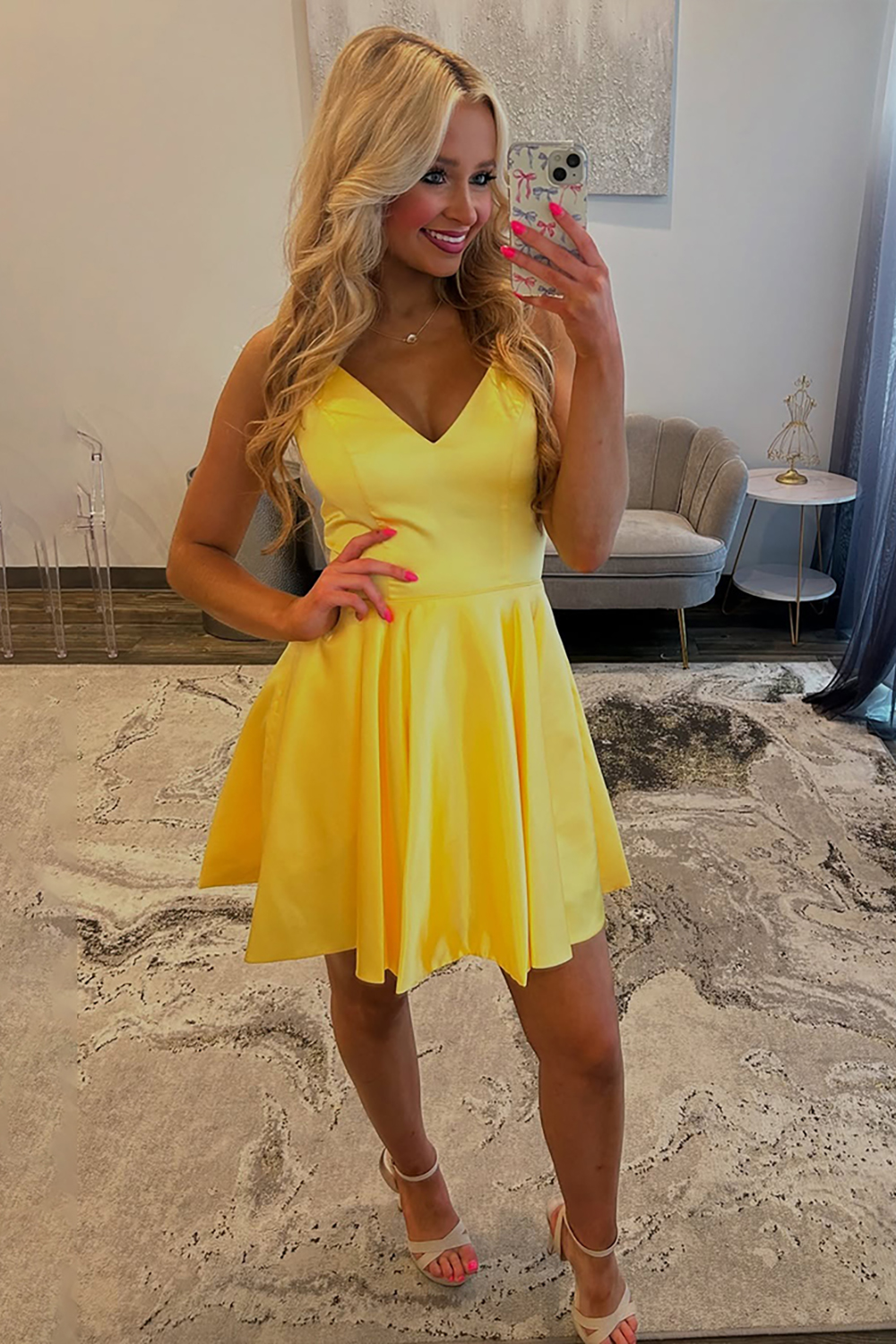 Simple Yellow Satin A Line Short Corset Homecoming Dress