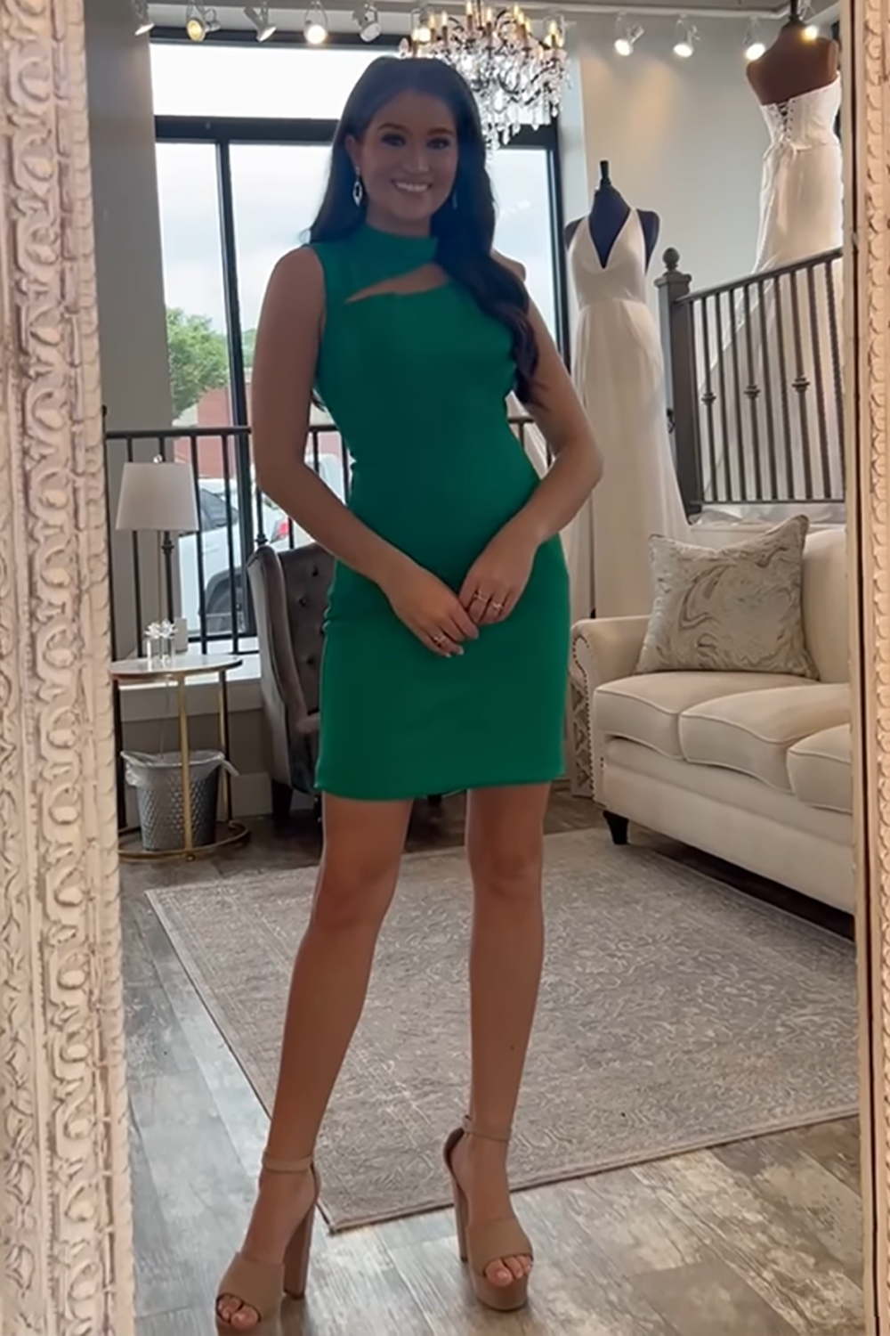 Green Satin High Neck Tight Short Homecoming Dress