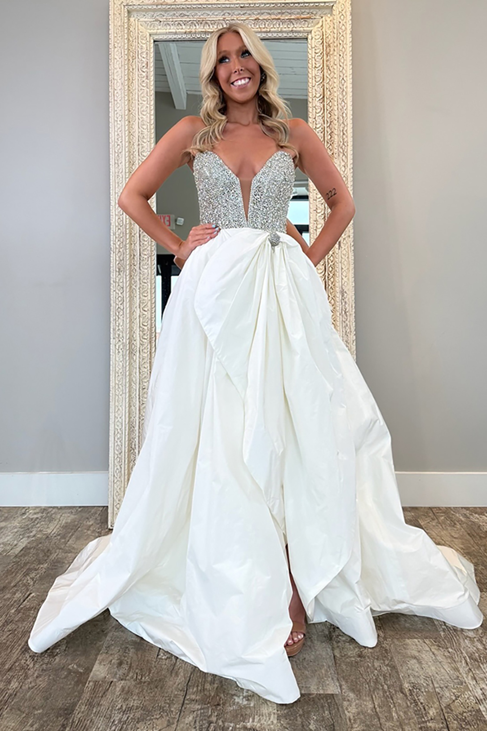 Sparkly White Sweetheart Corset Beaded Long Pageant Dress with Bow