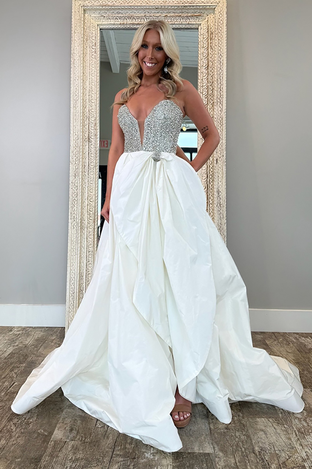 Sparkly White Sweetheart Corset Beaded Long Pageant Dress with Bow