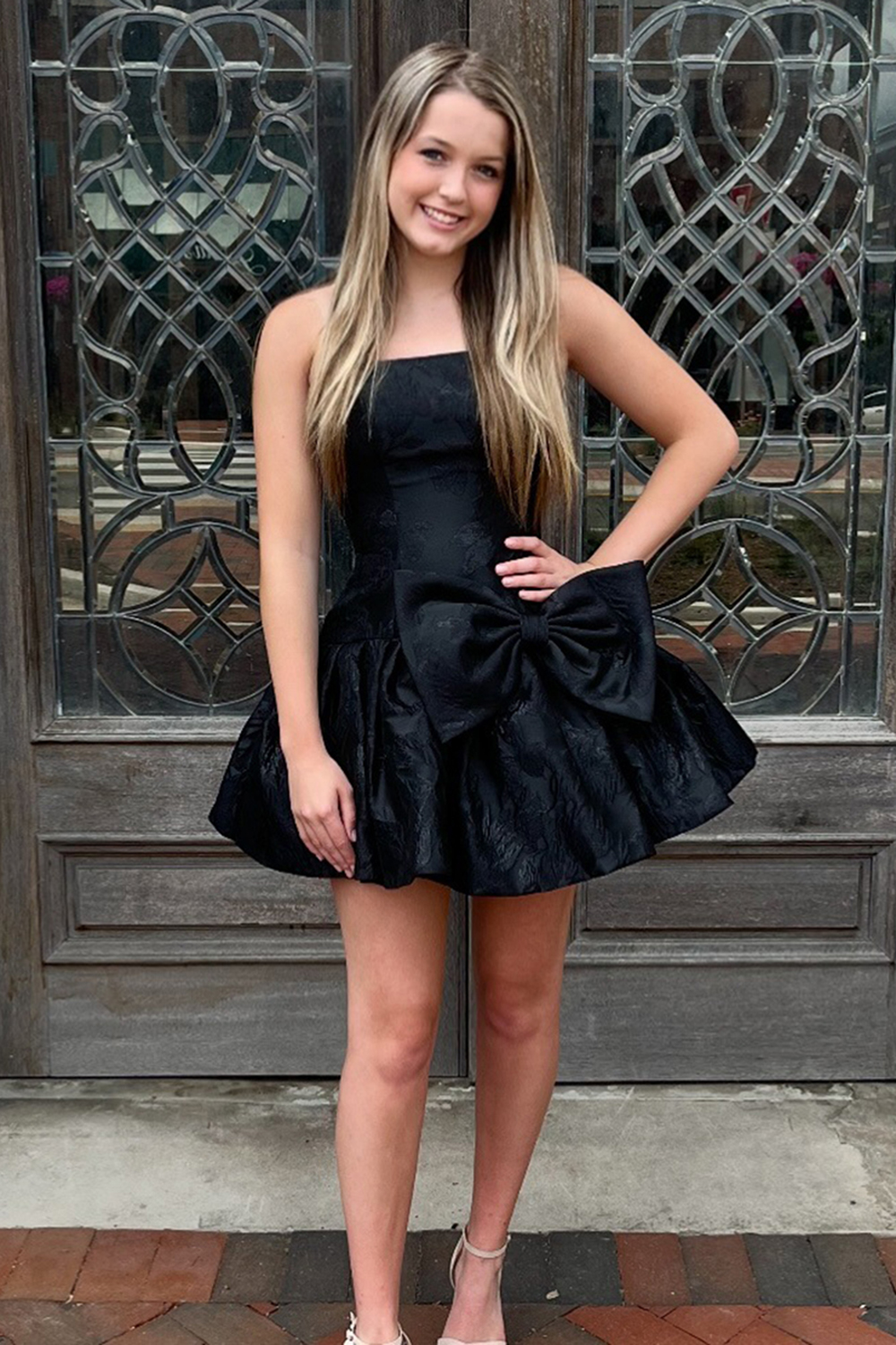 Black Strapless A Line Floral Short Homecoming Dress with Bow