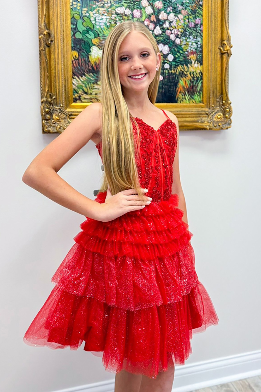 Sparkly Red Tulle Ruffled Tiered Short Corset Homecoming Dress with Sequin