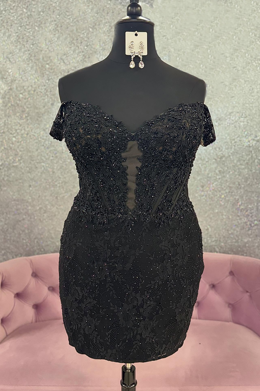 Sparkly Black Lace Off The Shoulder Tight Short Corset Homecoming Dress