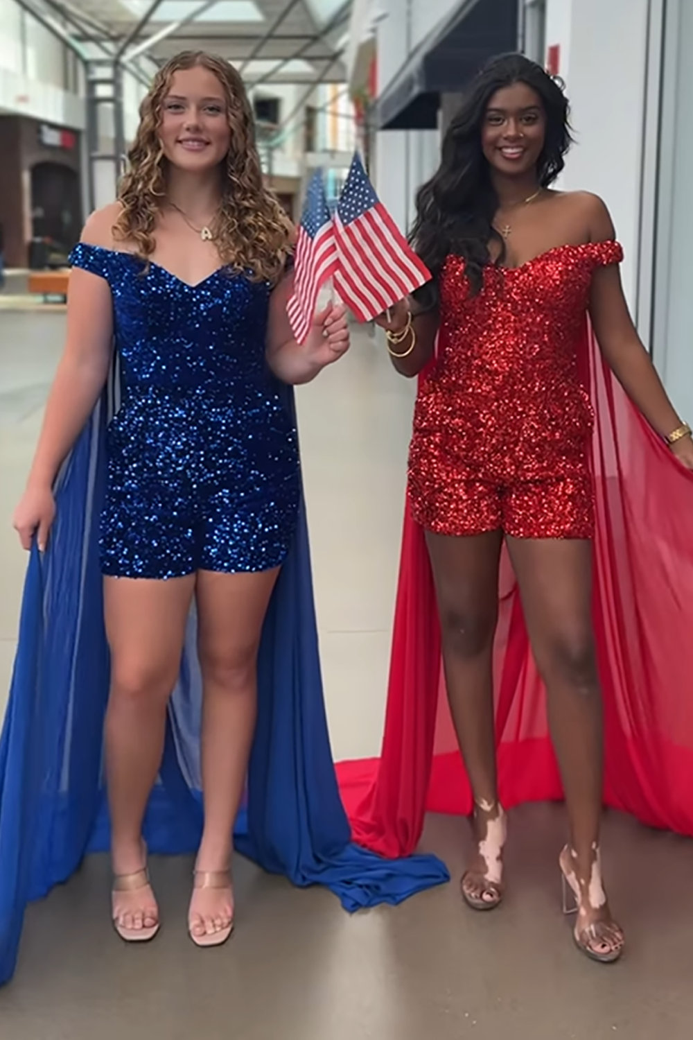 Sparkly Red Sequin Tight Short Homecoming Jumpsuits with Cape