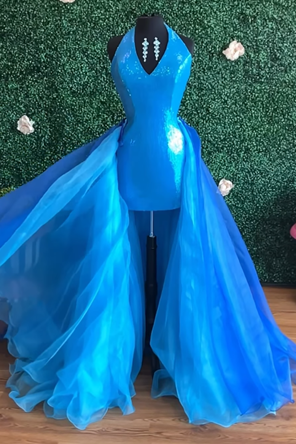 Sparkly Blue Halter Tight Short Corset Homecoming Dress with Cape