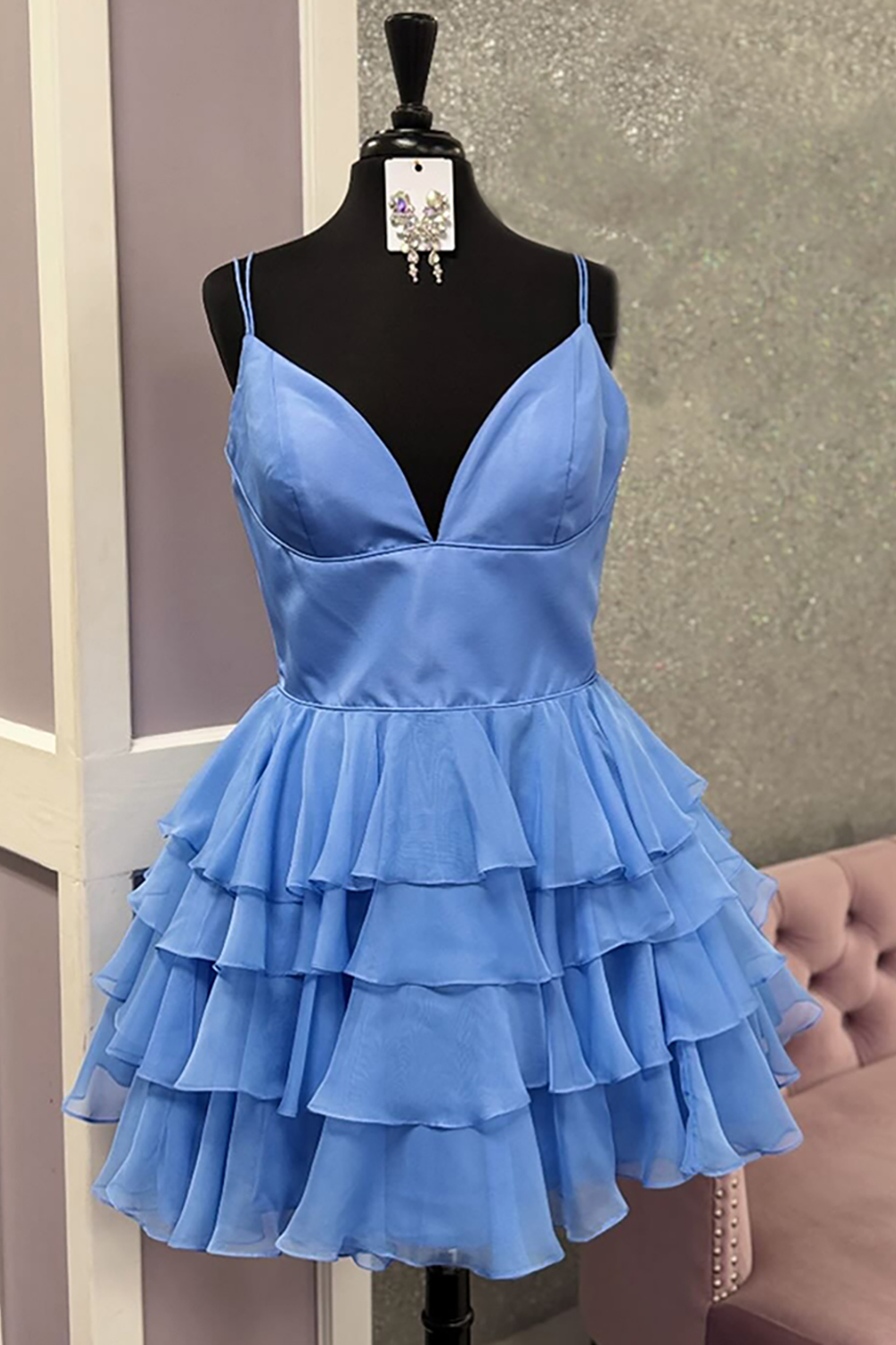Blue Chiffon Tiered Ruffled A Line Short Homecoming Dress