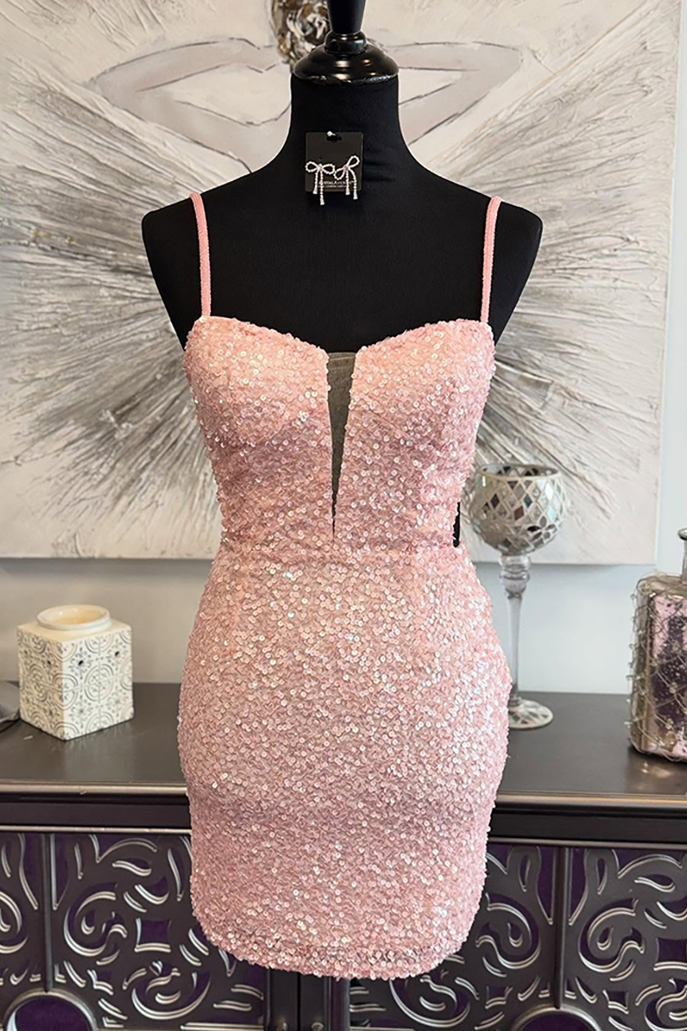 Sparkly Sequins Pink Short Tight Homecoming Dress