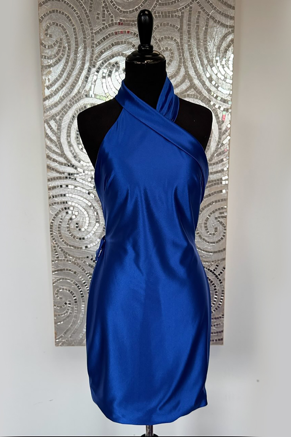 Simple Royal Blue Satin Halter Tight Short Homecoming Dress