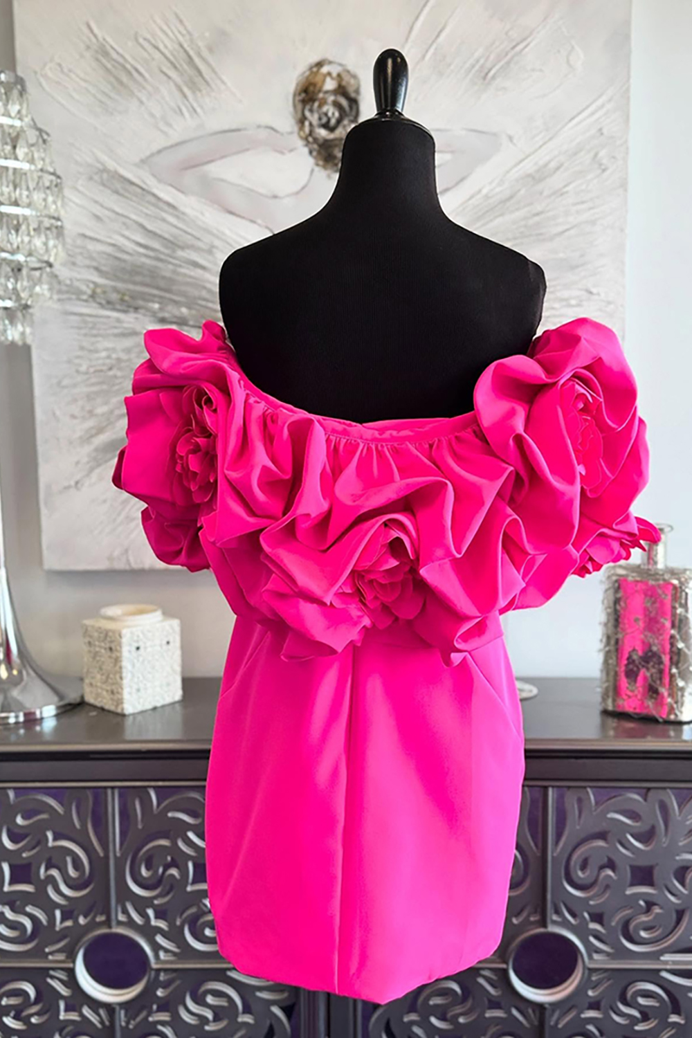 Fuchsia Ruffled Off The Shoulder Short Tight Homecoming Dress