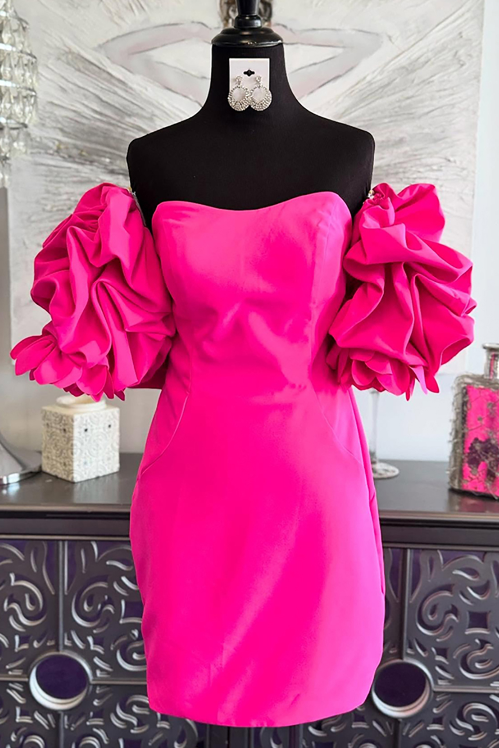 Fuchsia Ruffled Off The Shoulder Short Tight Homecoming Dress