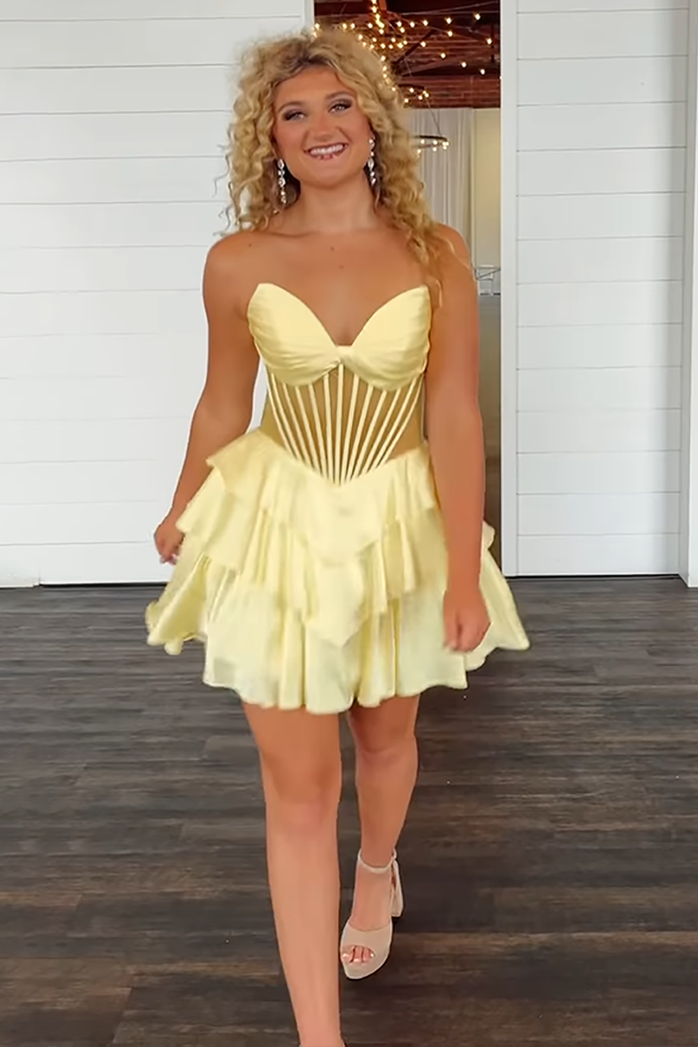 Yellow Satin Ruffled Tiered Sweetheart Short Corset Homecoming Dress