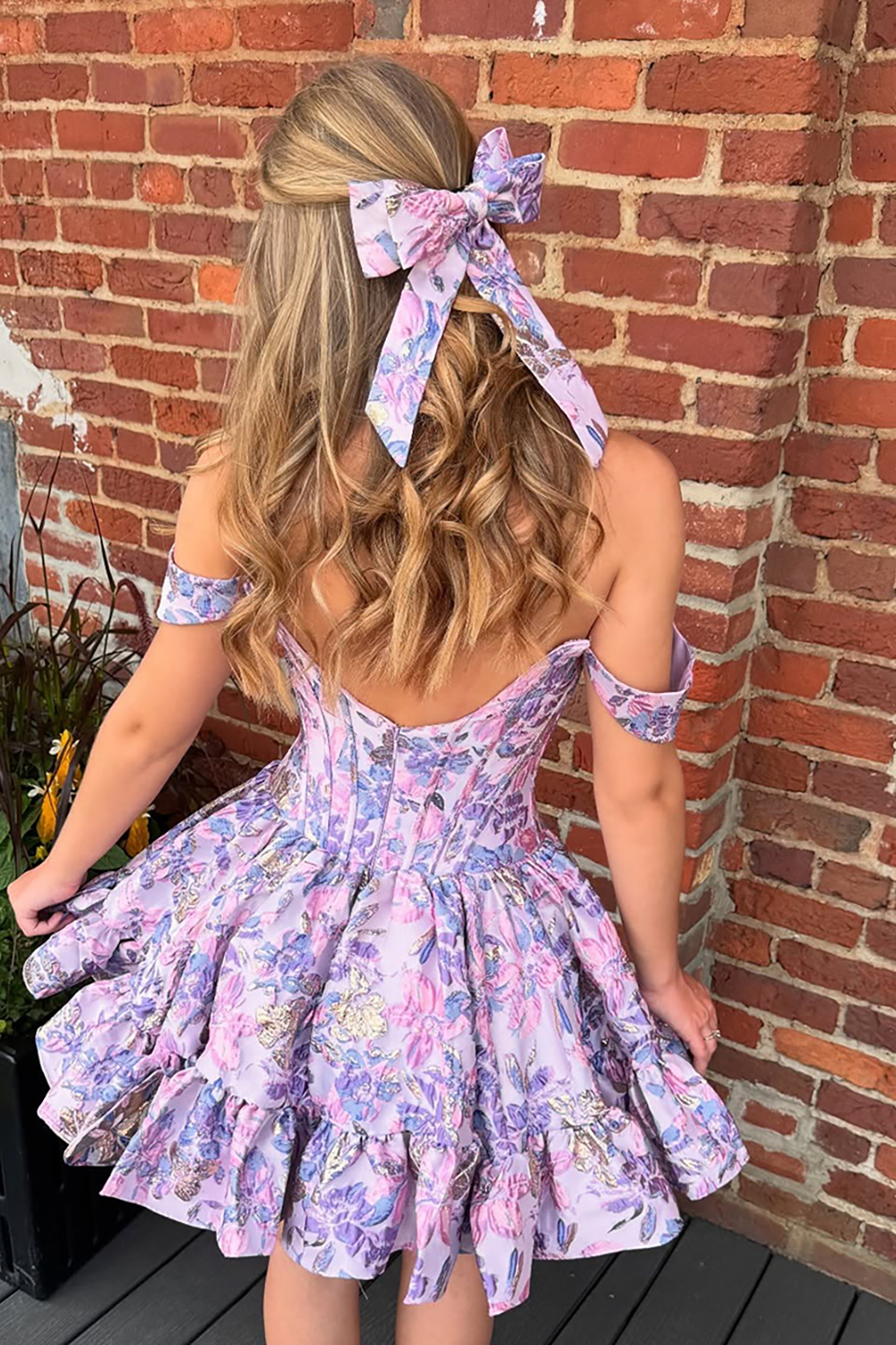 Purple Floral Off the Shoulder Short Corset Homecoming Dress