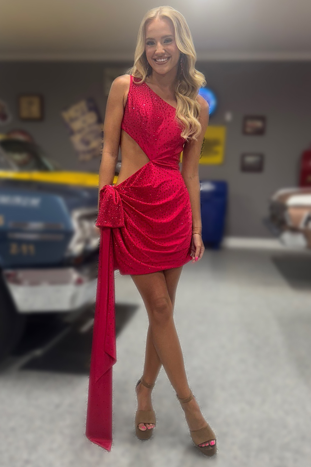 Sparkly Red Tight Cut Out One Shoulder Short Homecoming Dress with Side Cape