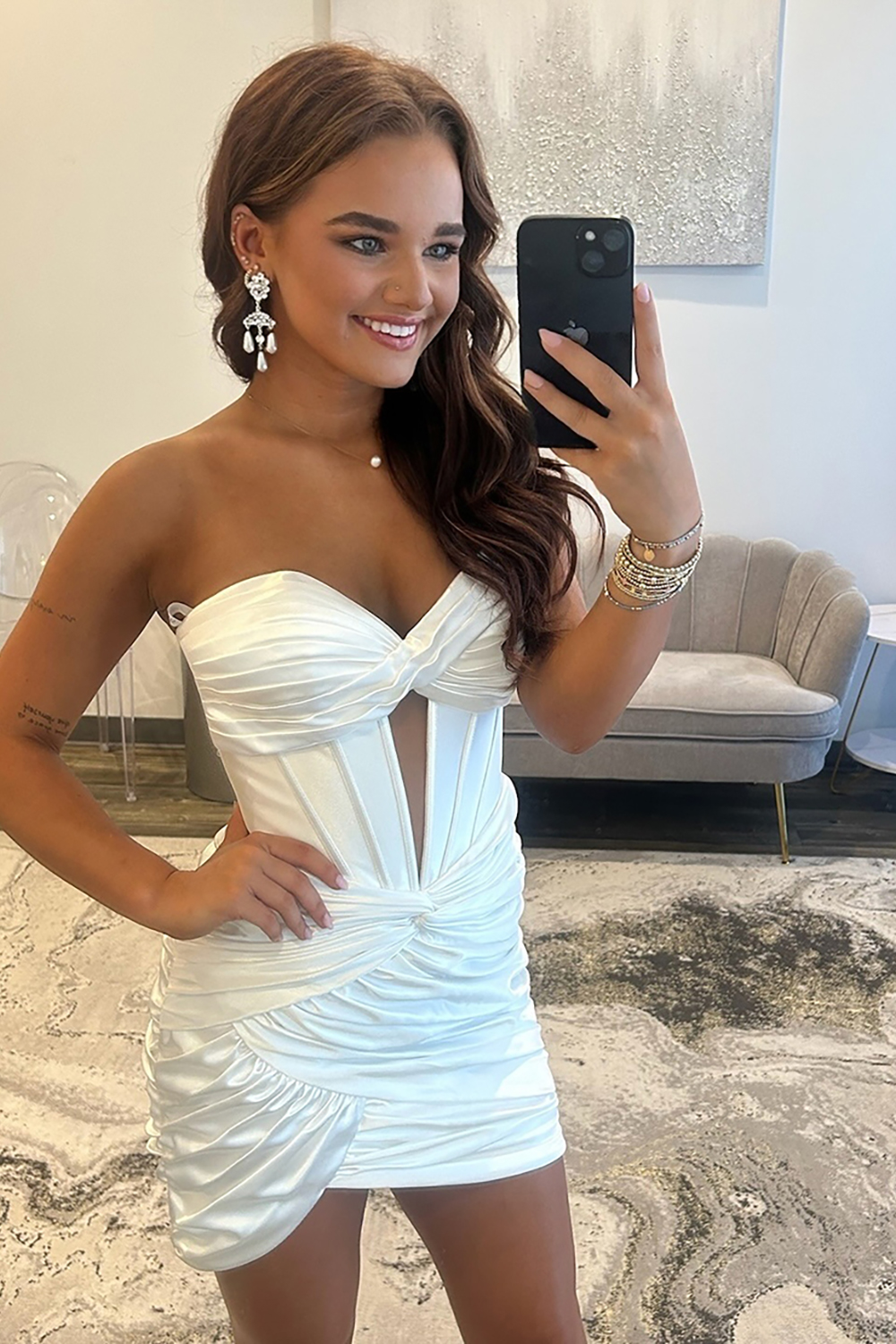 Sweetheart White Satin Keyhole Ruched Tight Short Corset Homecoming Dress