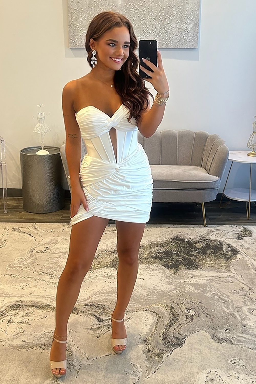 Sweetheart White Satin Keyhole Ruched Tight Short Corset Homecoming Dress