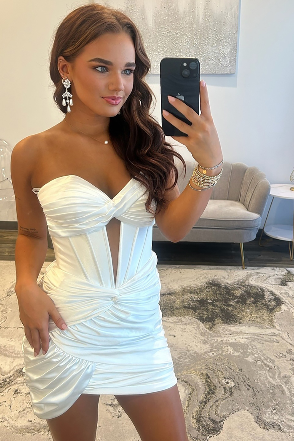 Sweetheart White Satin Keyhole Ruched Tight Short Corset Homecoming Dress