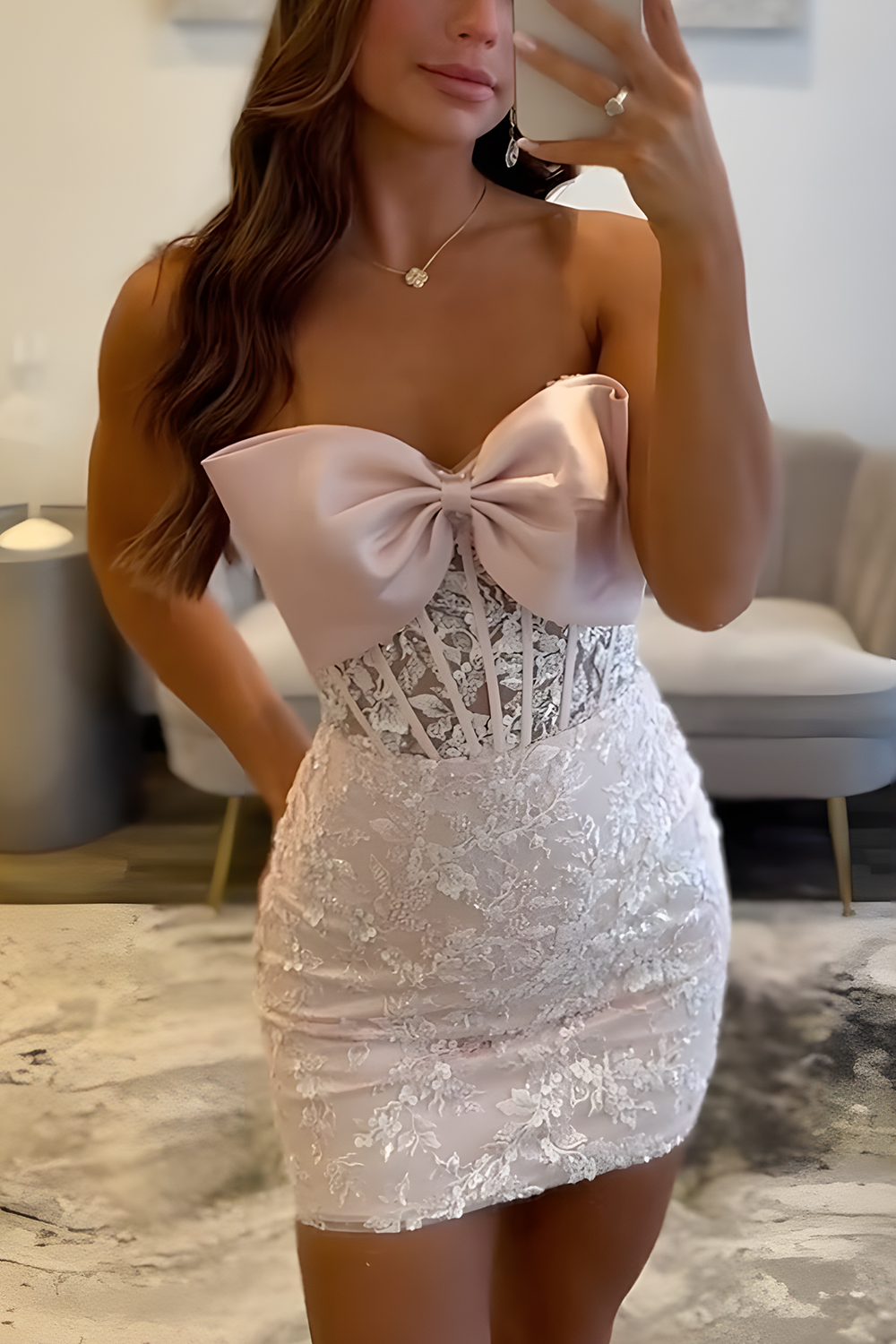 Sparkly Lace Pink Floral Tight Short Corset Homecoming Dress with Bow
