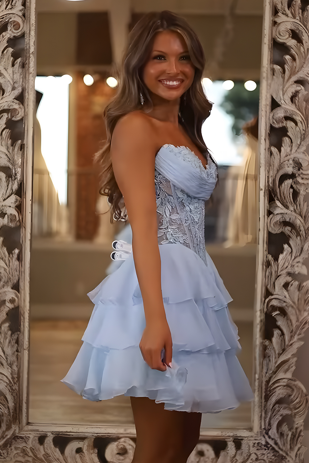 Sparkly Light Blue Tiered Short Corset Homecoming Dress with Lace