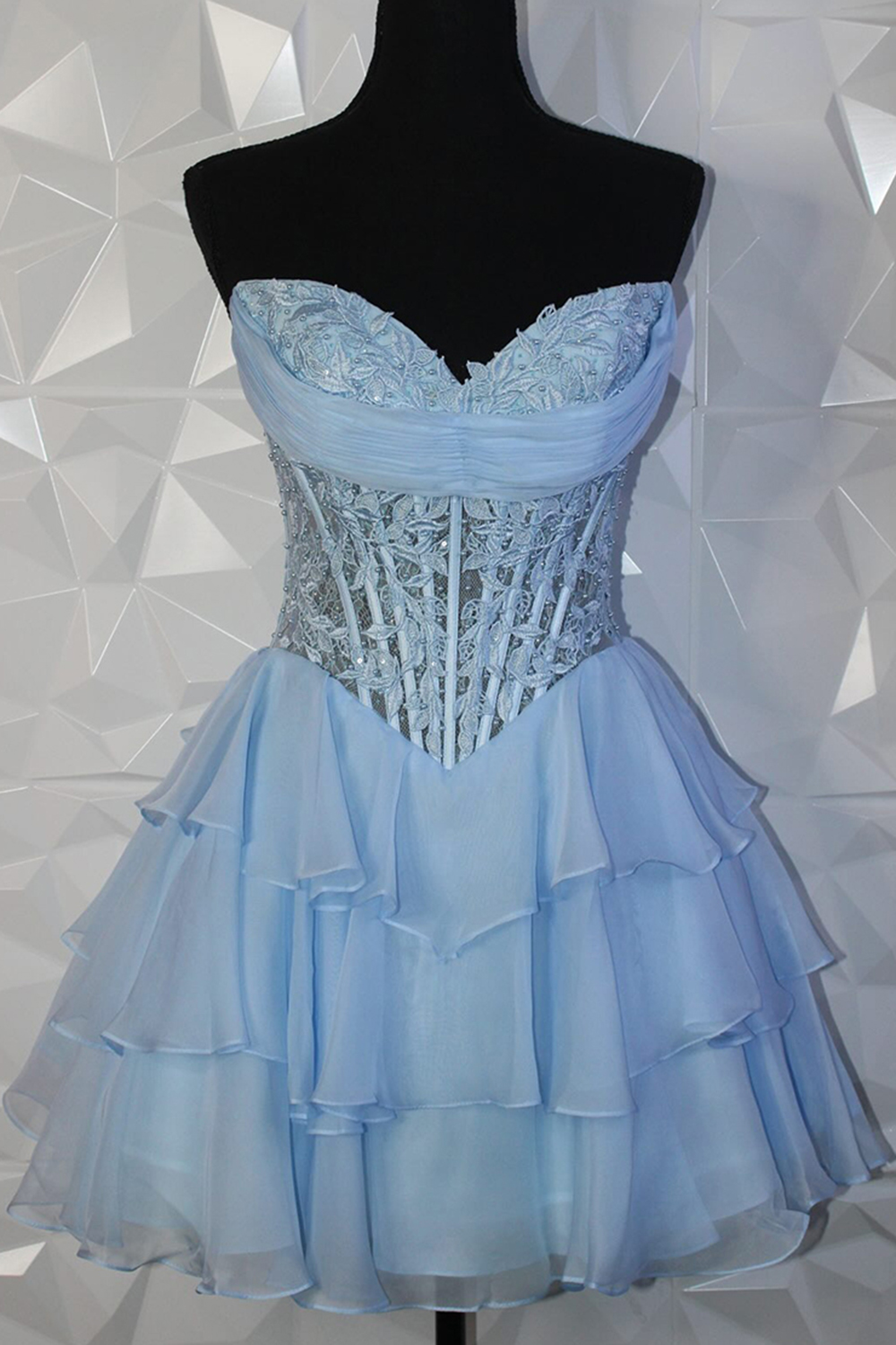 Sparkly Light Blue Tiered Short Corset Homecoming Dress with Lace