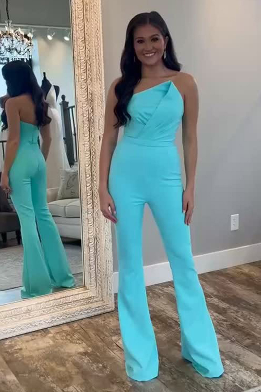 Blue Satin Strapless Tight Long Homecoming Jumpsuits