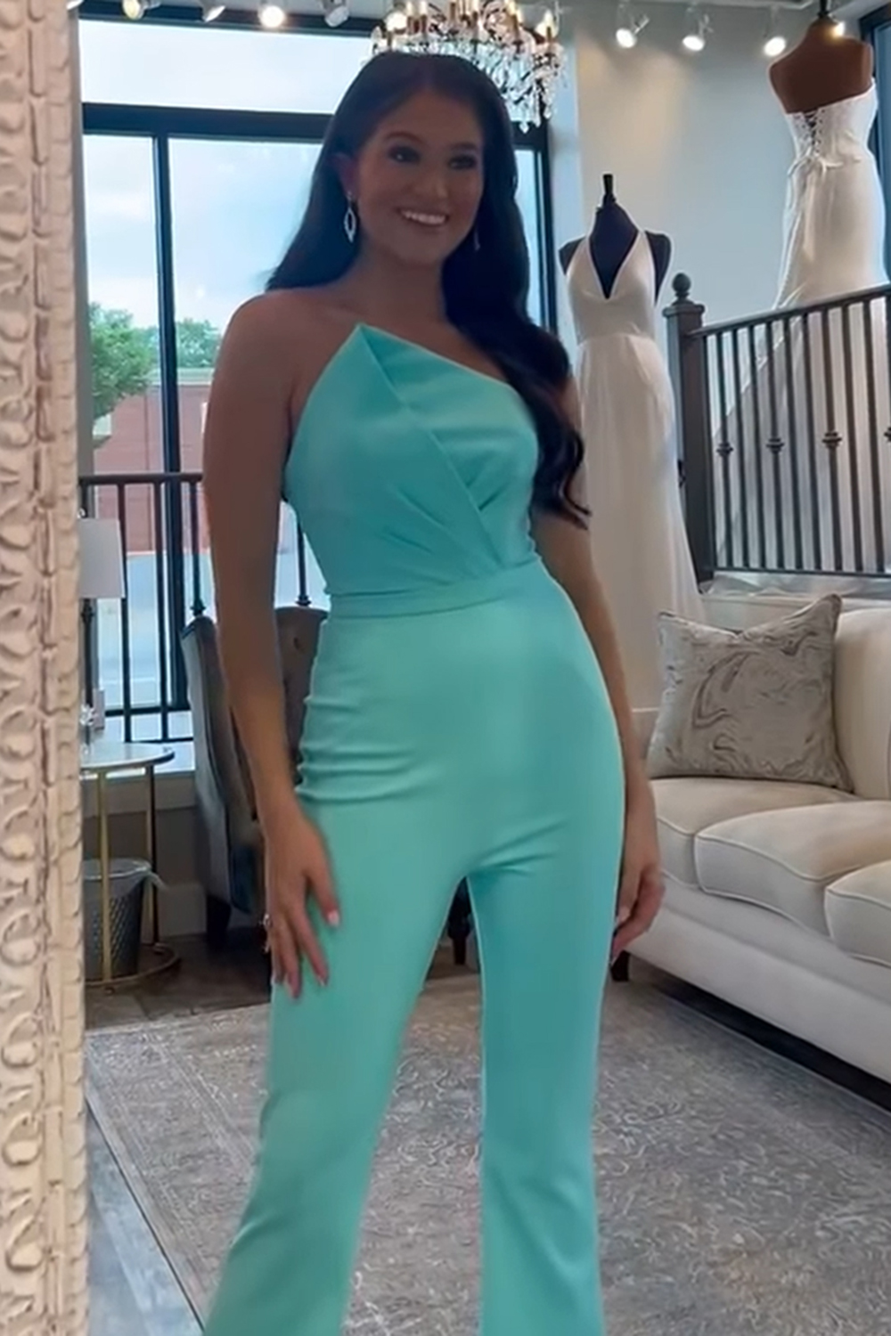 Blue Satin Strapless Tight Long Homecoming Jumpsuits