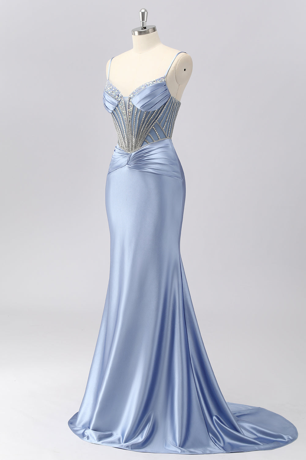 Sparkly Grey Blue Mermaid Spaghetti Straps Corset Long Prom Dress with Beading